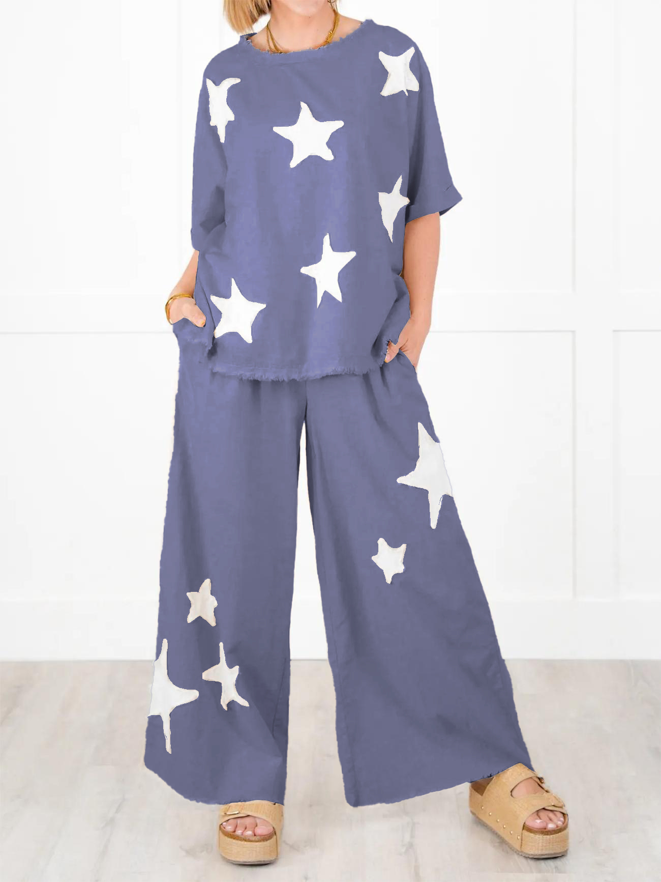 Women's Short Sleeve Top And Wide Leg Pant Set With Star Patch Detail(50% OFF🔥)
