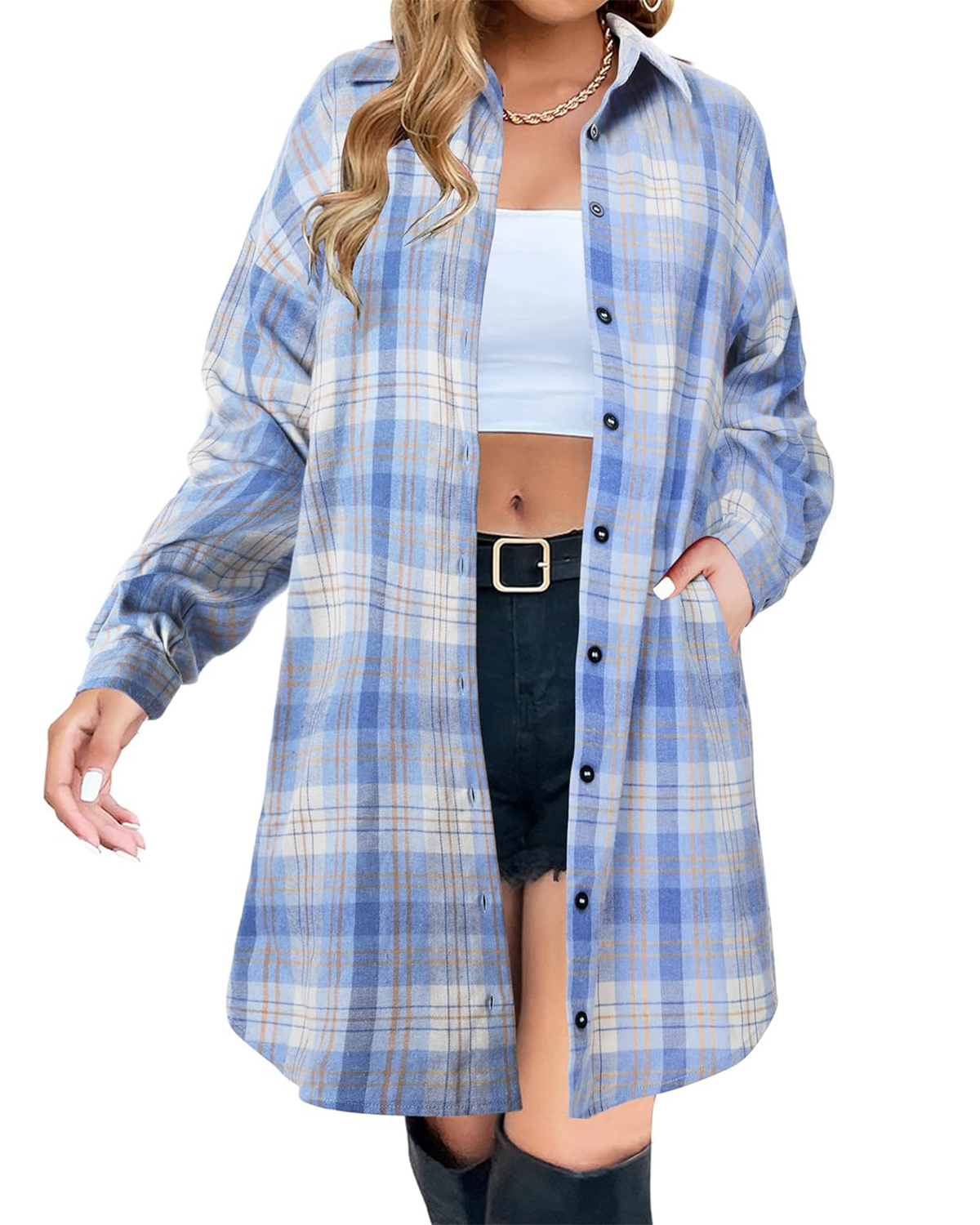Women's Button Down Flannel Shirts Plaid Shacket Collared Long Jacket Coats(BUY 2 FREE SHIPPING)