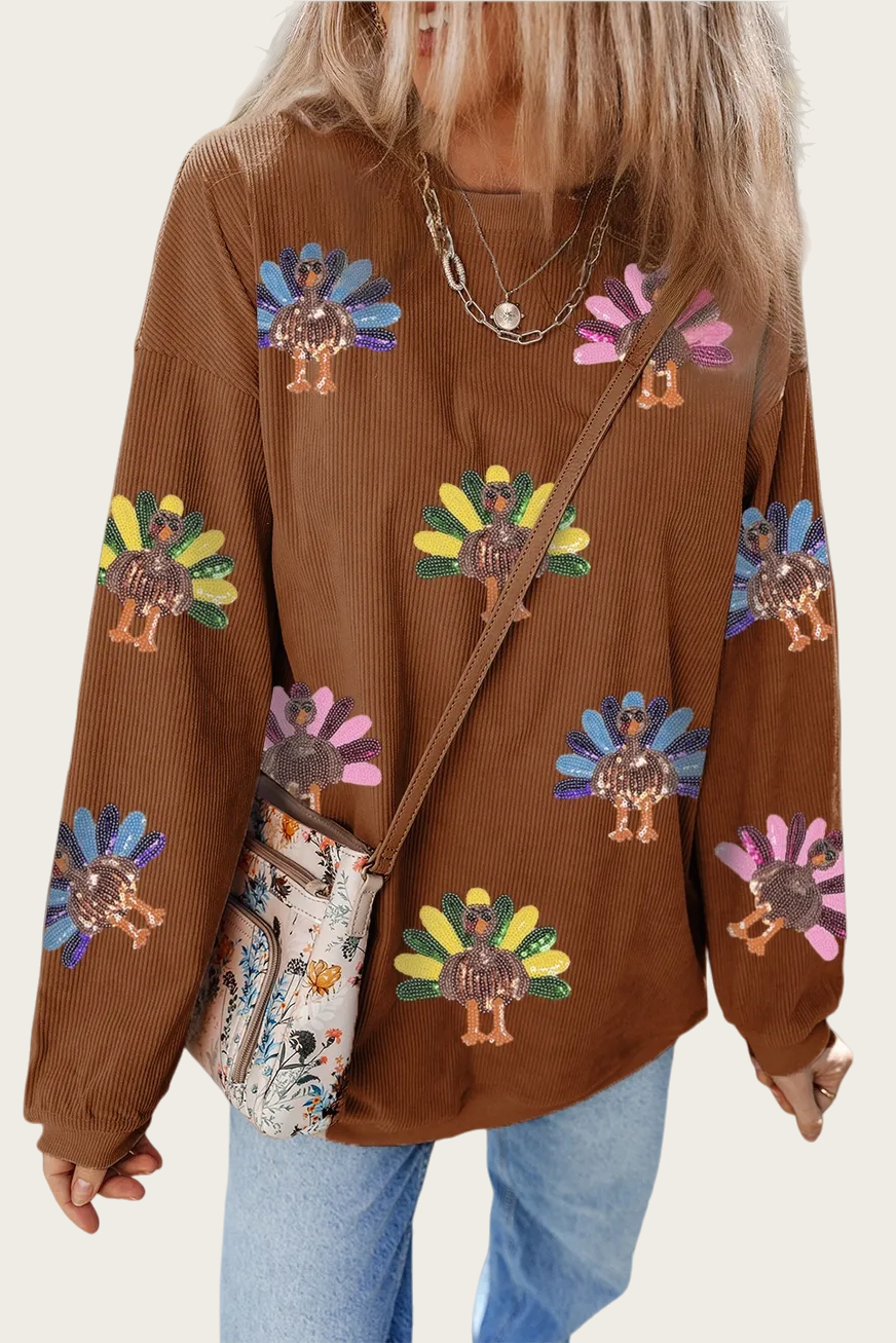 Women's Sequin Turkey Patch Thanksgiving Corduroy Sweatshirt (Buy 2 Free Shipping) 