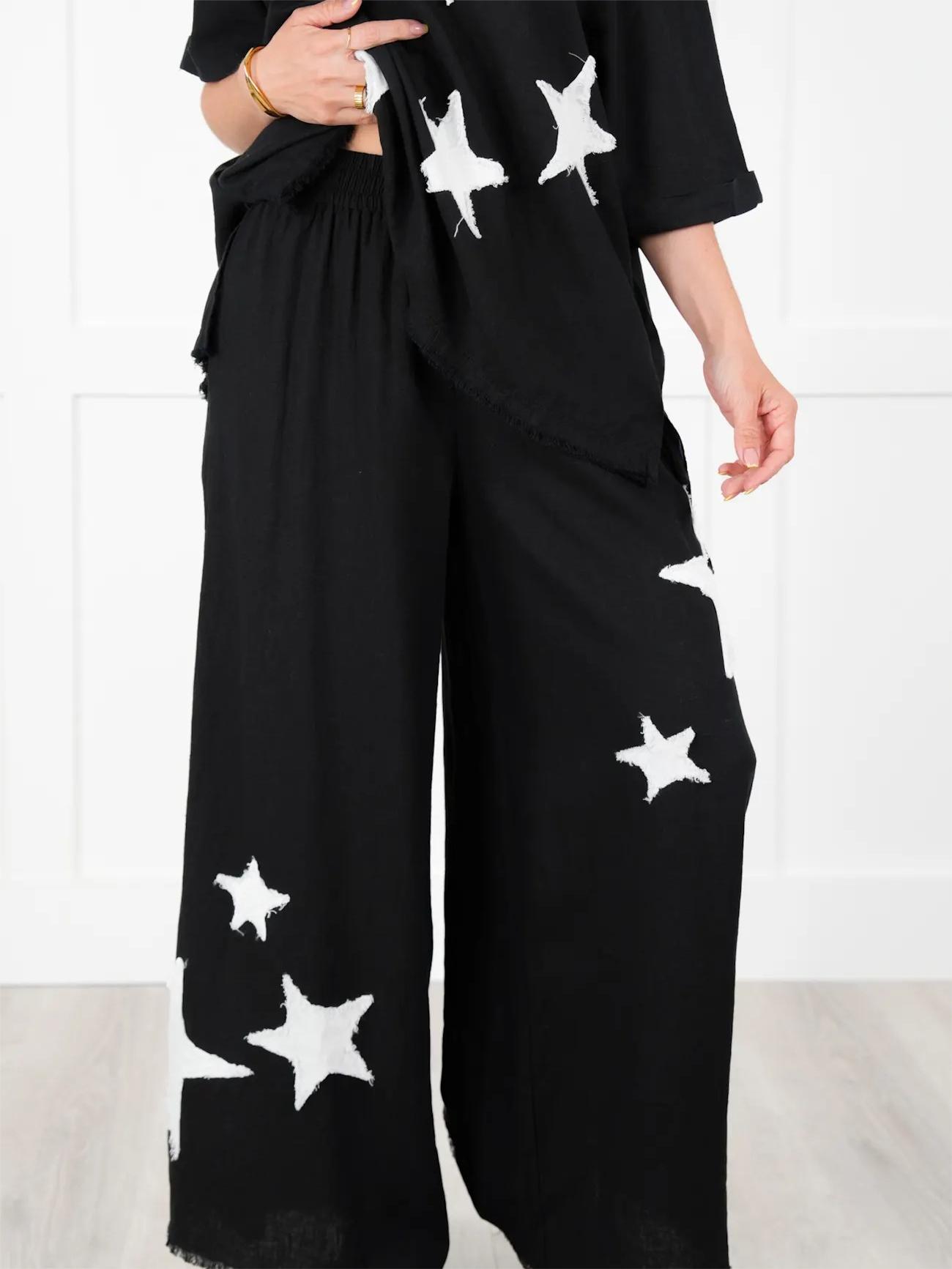Women's Short Sleeve Top And Wide Leg Pant Set With Star Patch Detail(50% OFF🔥)