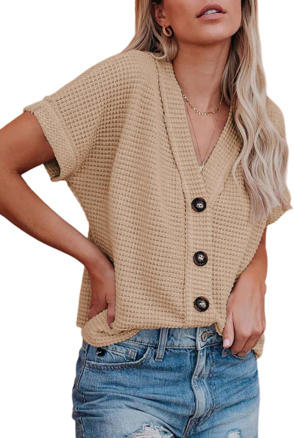 Women's  V Neck Waffle Knit Button Down  Short Sleeve Shirts (Buy 2 Free Shipping)