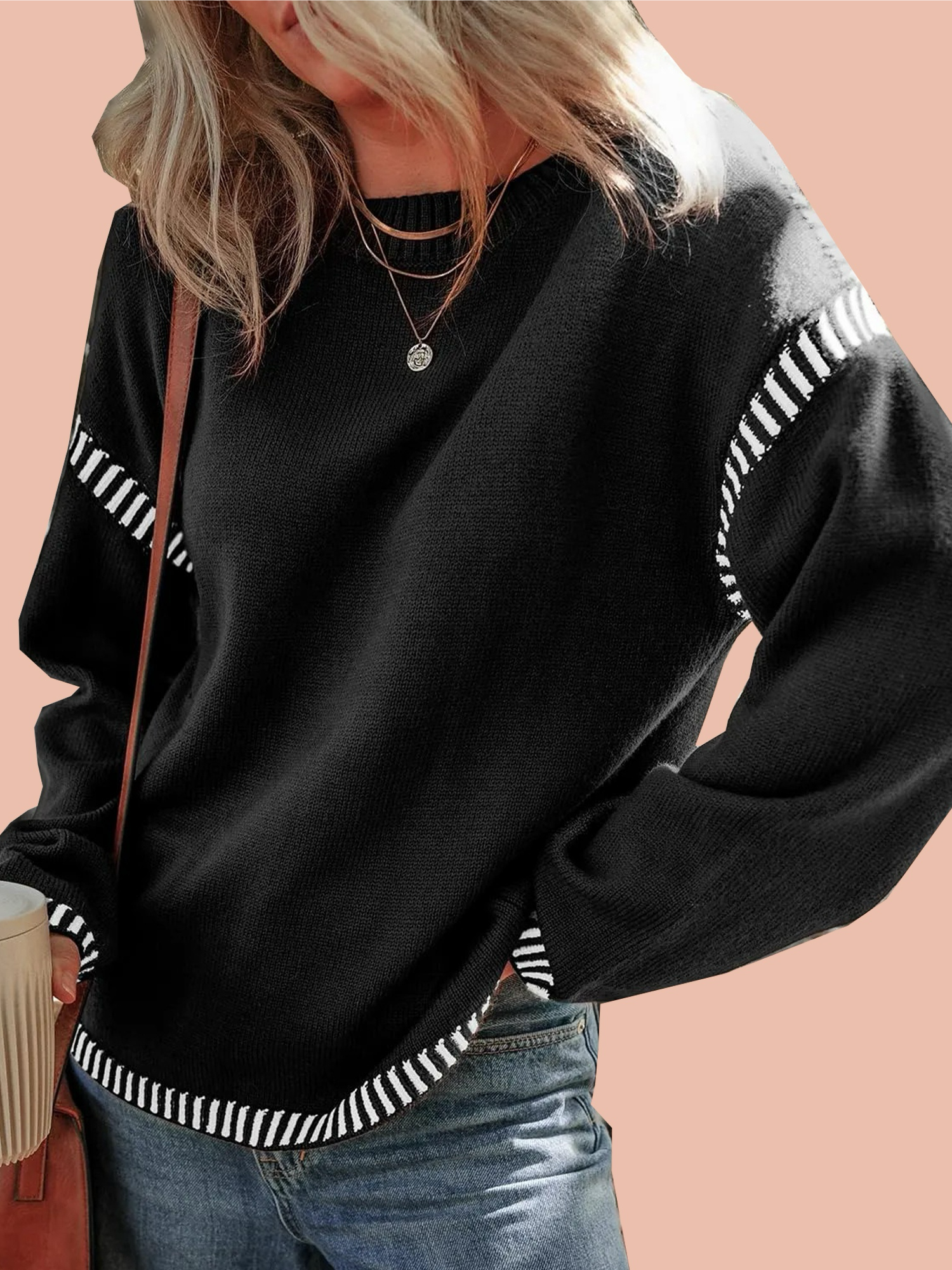Women's Contrast Cable Knit Pullover Sweater (Buy 2 Free Shipping)