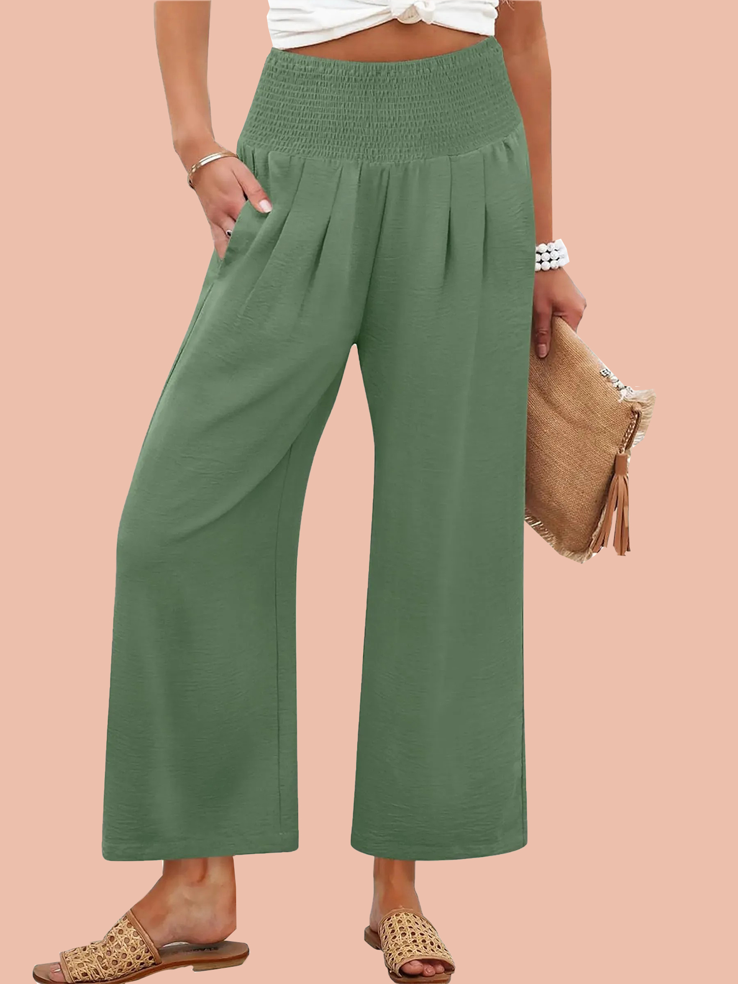 Women's Smocked Waist Wide Leg Palazzo Pants (Buy 2 Free Shipping) 