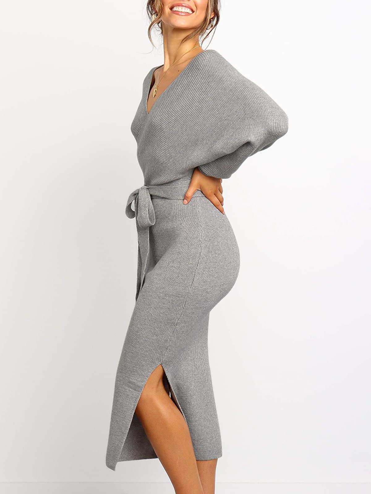  Women's Wrap V Neck Slit Sweater Dresses (Buy 2 Free Shipping)
