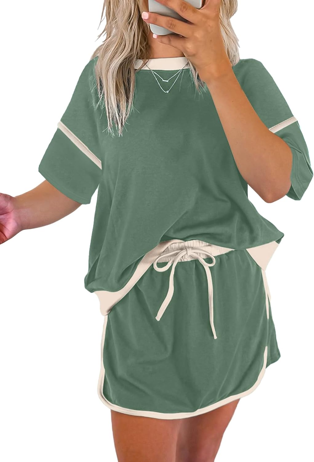 Women's Summer Short Sleeve Tops Matching Drawstring Mini Skirt Lounge Sets(Buy 2 Free Shipping)