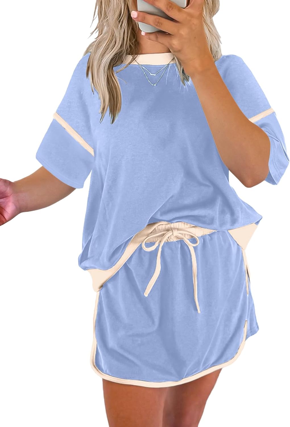 Women's Summer Short Sleeve Tops Matching Drawstring Mini Skirt Lounge Sets(Buy 2 Free Shipping)