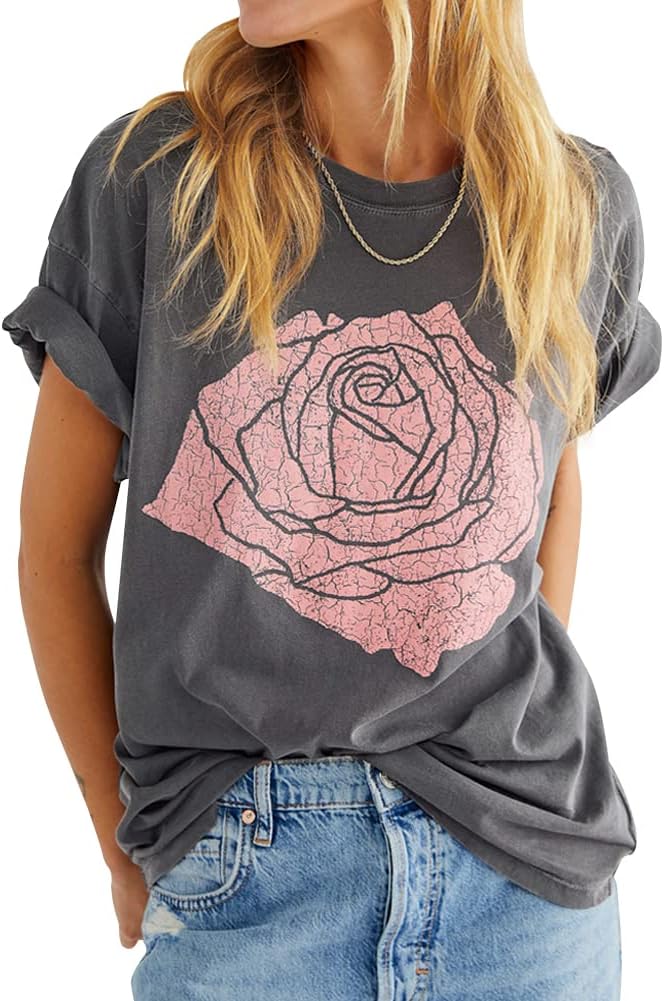 Crew Neck Rose Graphic Casual Tee (Buy 2 Free Shipping)