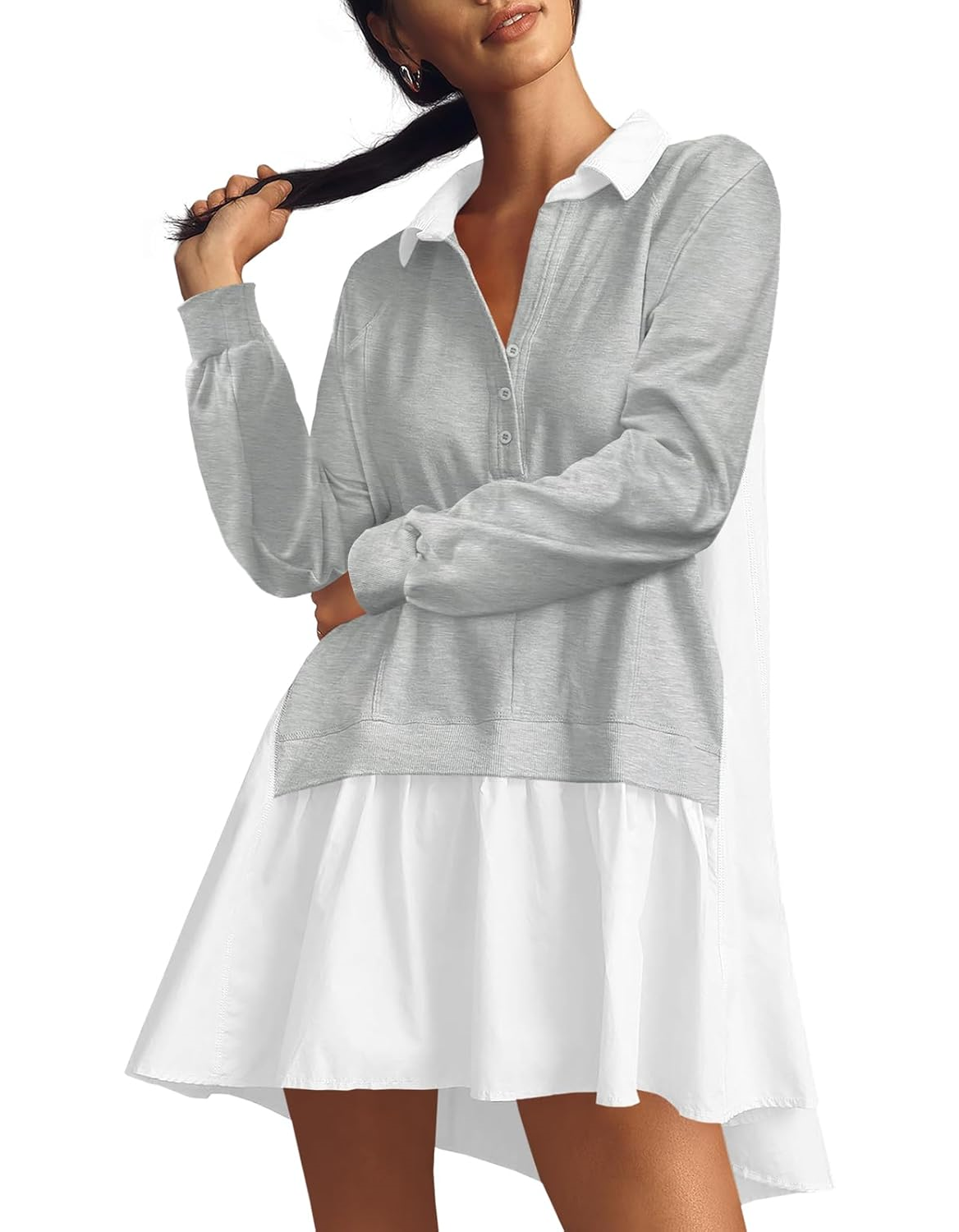  Oversized V-Neck Patchwork Sweatshirt Dress