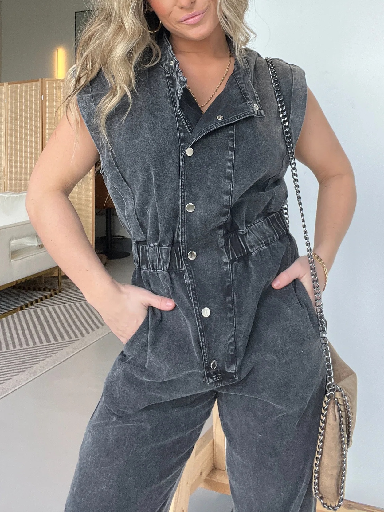 Sleeveless Denim Waisted Lightweight Jumpsuit