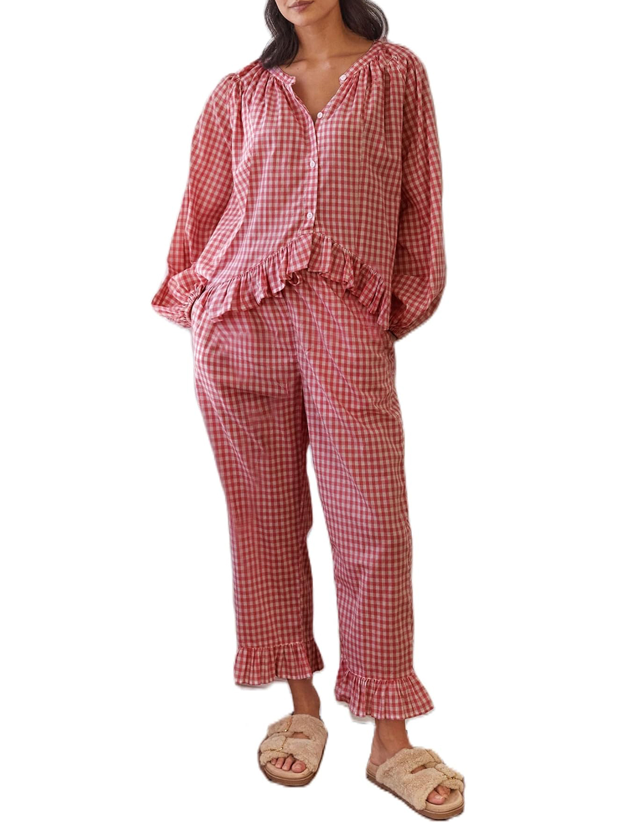 🎄🔥Women's Plaid Pajama Set Long Sleeve Button Shirt Ruffle Pants Two-Piece Set