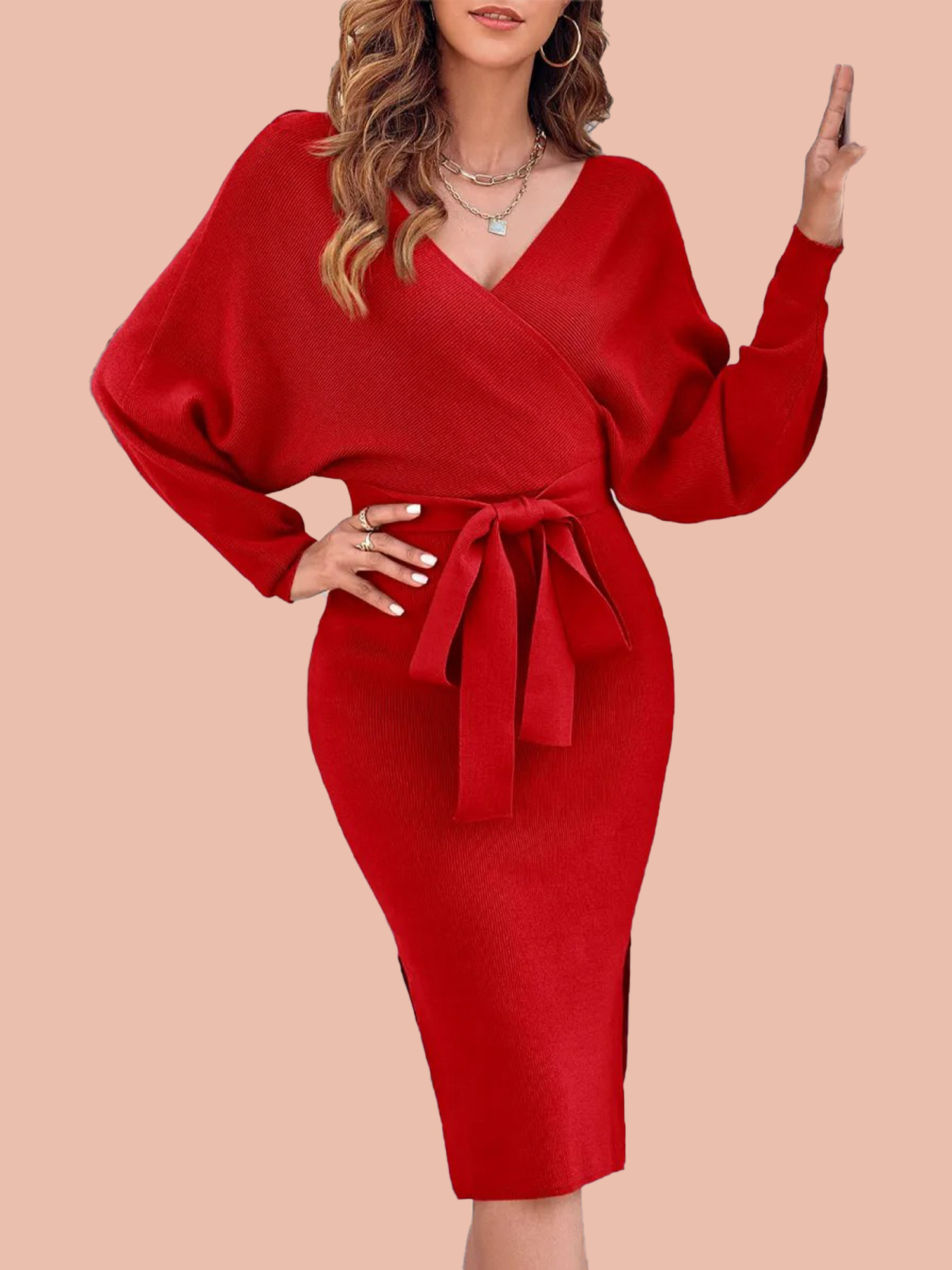  Women's Wrap V Neck Slit Sweater Dresses (Buy 2 Free Shipping)