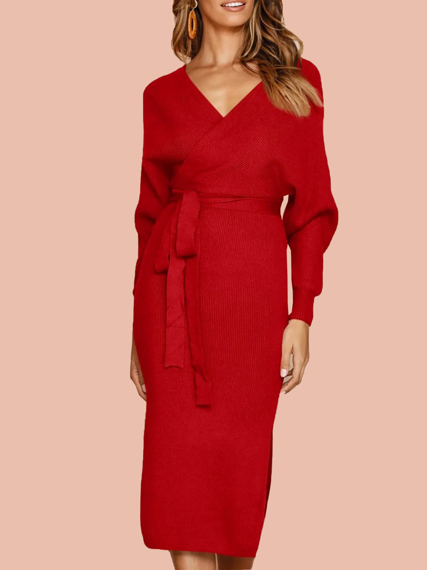  Women's Wrap V Neck Slit Sweater Dresses (Buy 2 Free Shipping)