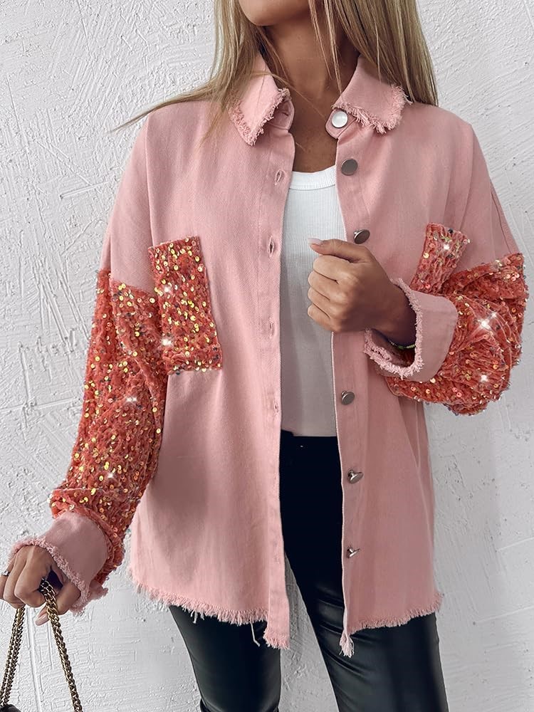 Sequin Patchwork Long Sleeve Denim Jacket