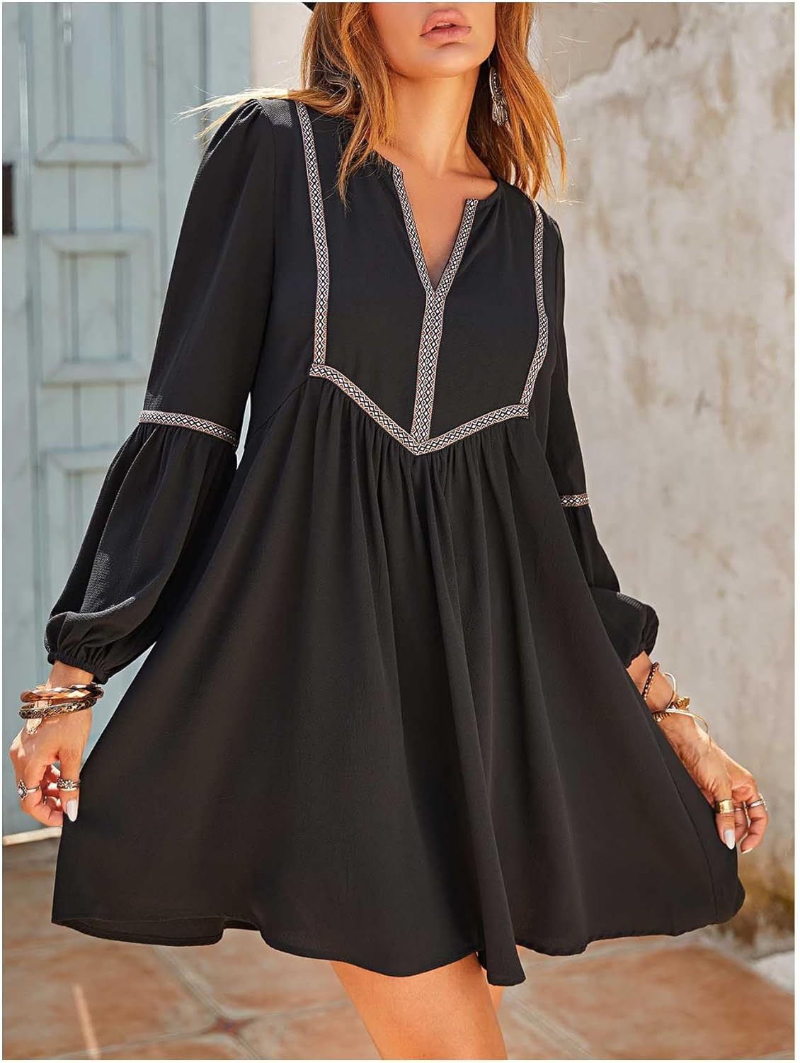 Belted V Neck Contrast Puff Sleeve Dress