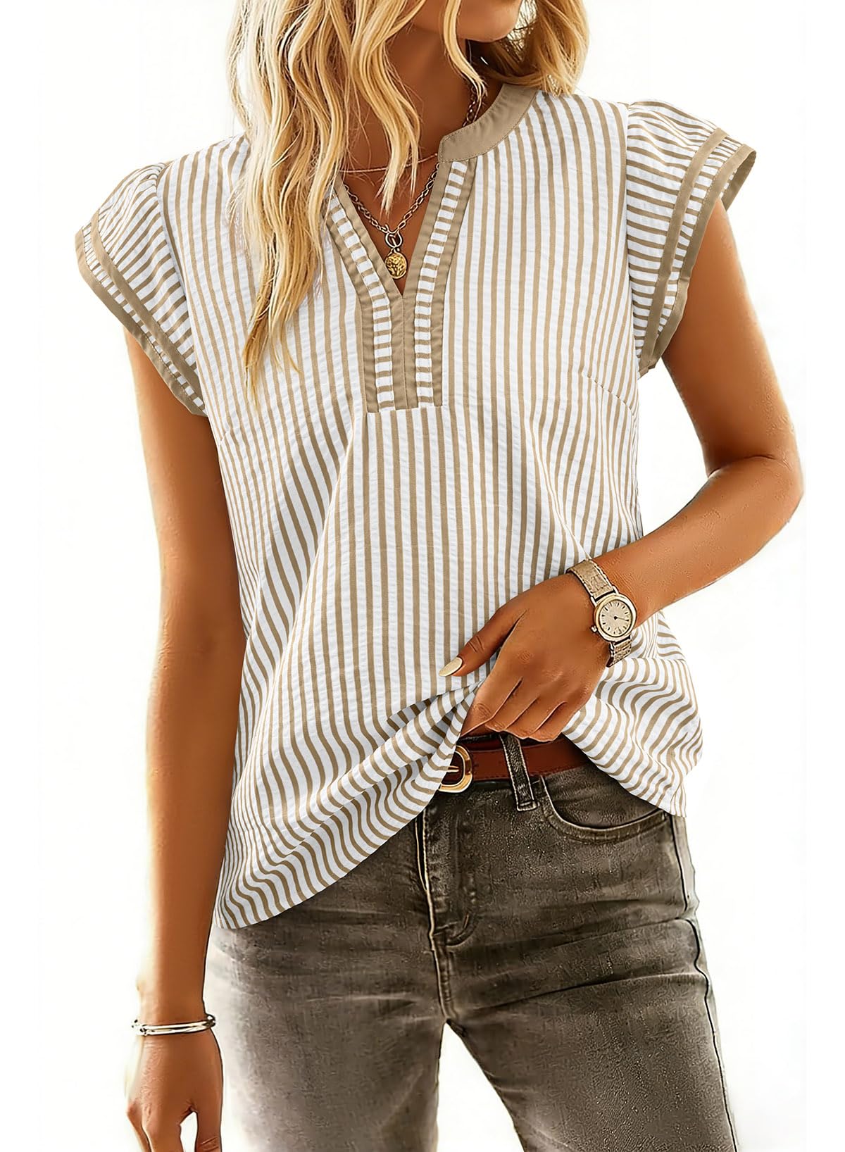 Women's Casual V Neck Cap Sleeve Striped Blouses (Buy 2 Free Shipping)