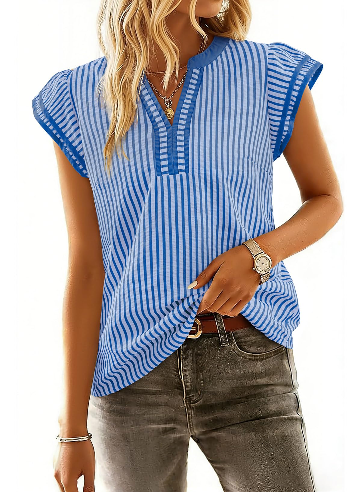Women's Casual V Neck Cap Sleeve Striped Blouses (Buy 2 Free Shipping)