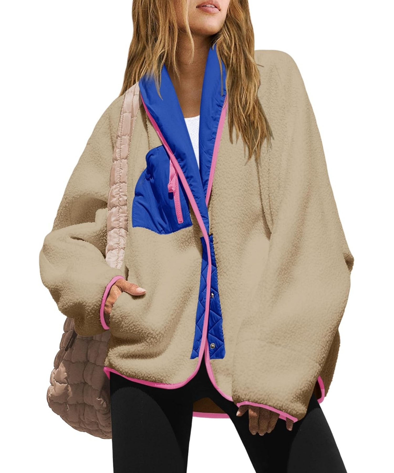  Sherpa Colorblock Shawl Collar Jacket with Pockets
