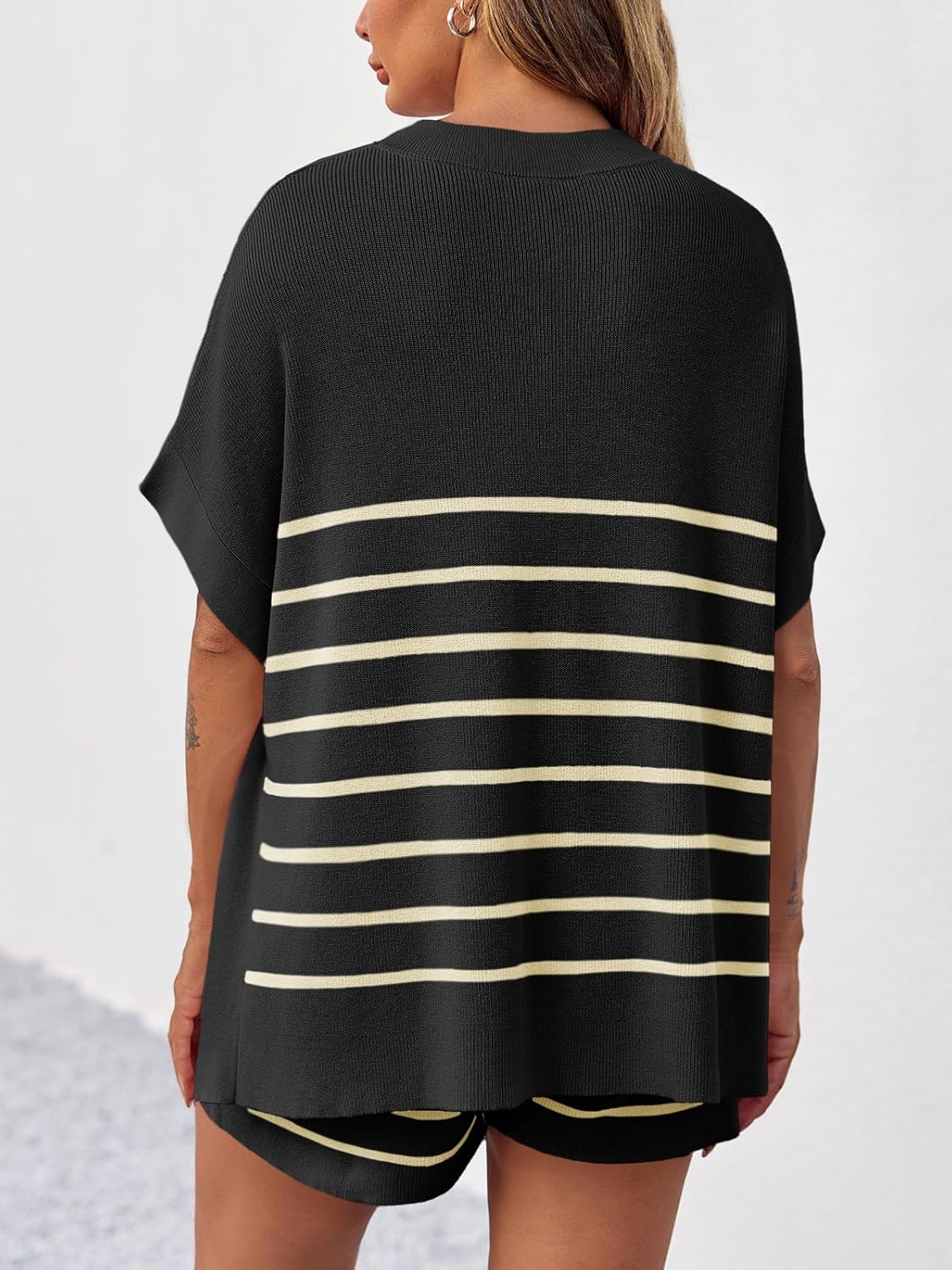 Women's Striped Batwing Short Sleeve Tops High Waisted Shorts Knit Lounge Sets(Buy 2 Free Shipping)