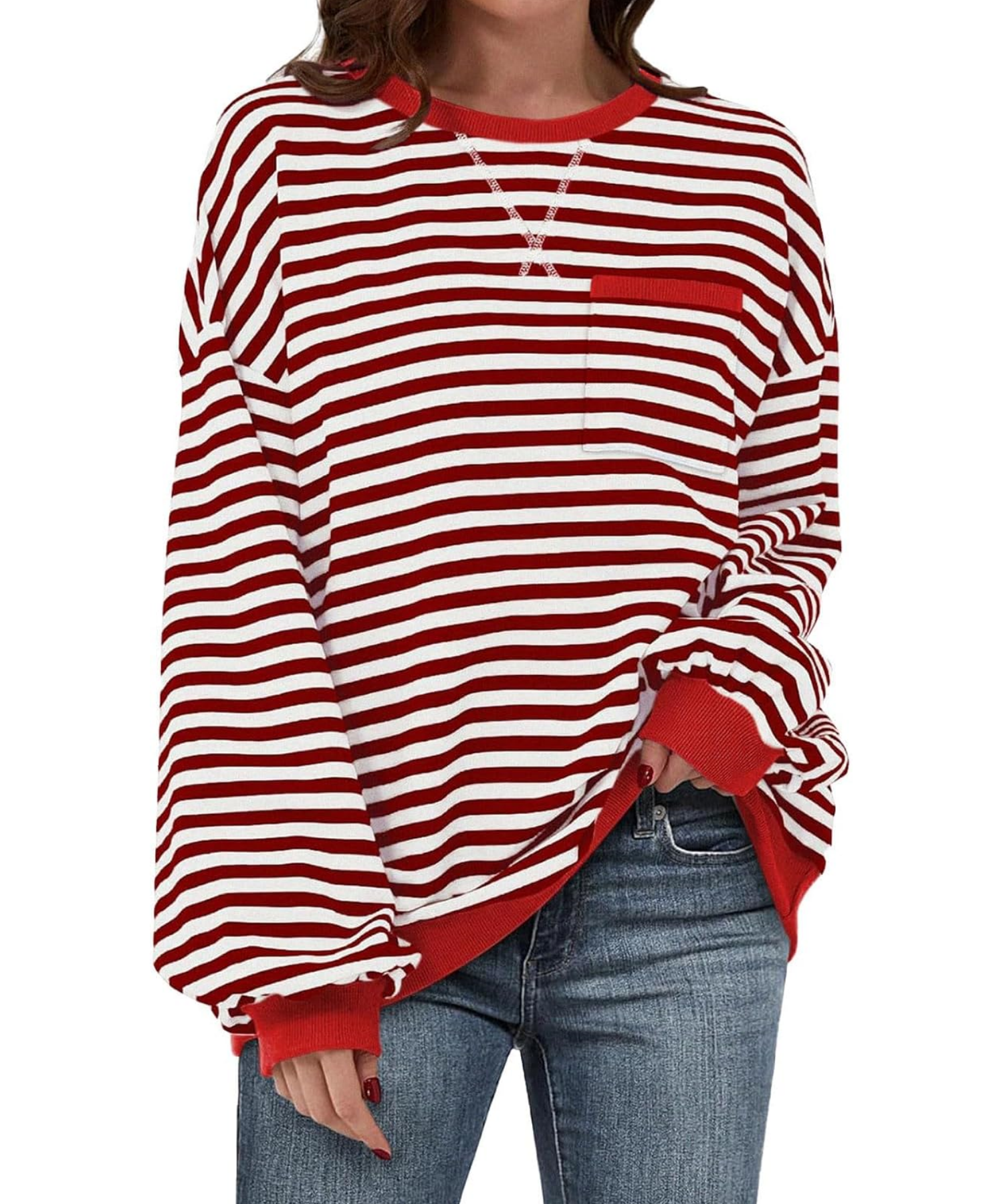 Striped Long Sleeve Pullover with Front Pocket (Buy 2 Free Shipping)