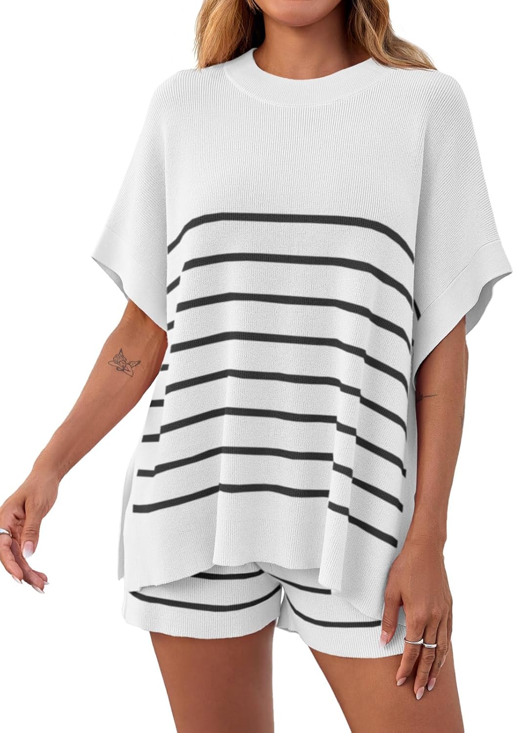 Women's Striped Batwing Short Sleeve Tops High Waisted Shorts Knit Lounge Sets(Buy 2 Free Shipping)