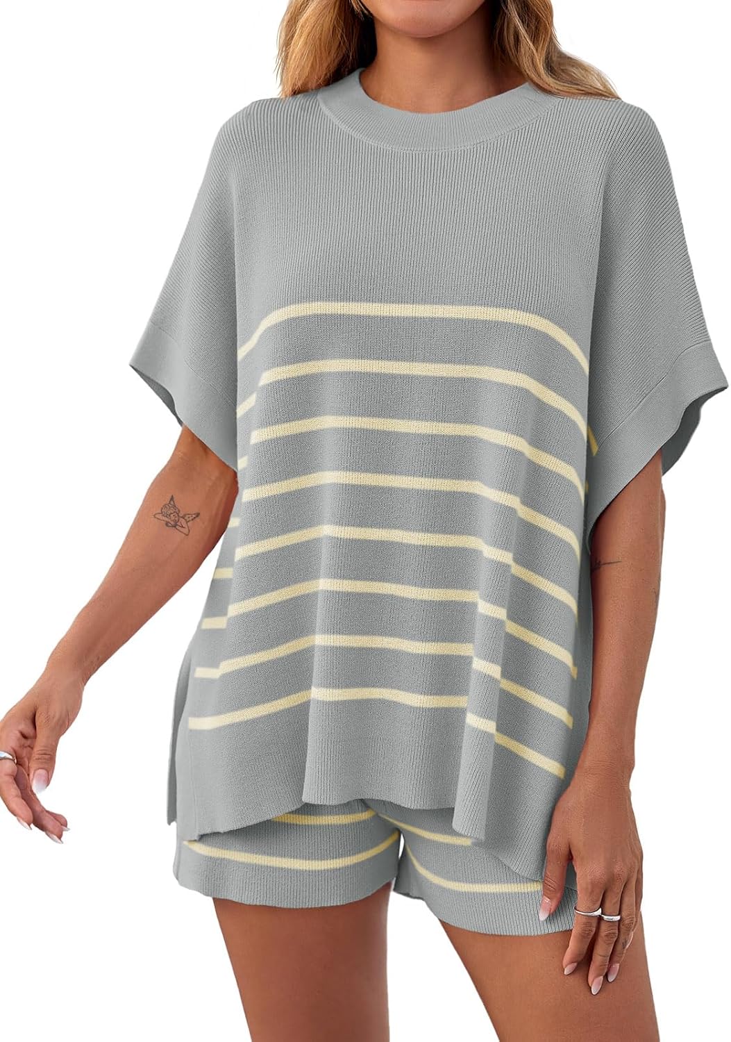Women's Striped Batwing Short Sleeve Tops High Waisted Shorts Knit Lounge Sets(Buy 2 Free Shipping)