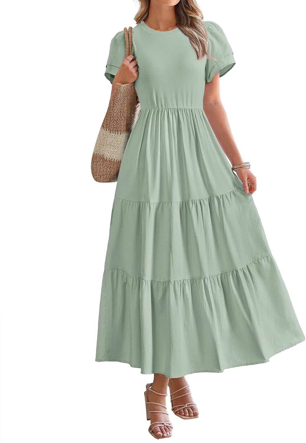 2025 Crewneck Short Sleeve Tiered Flowy Boho Maxi Dress (Buy 2 Free Shipping)