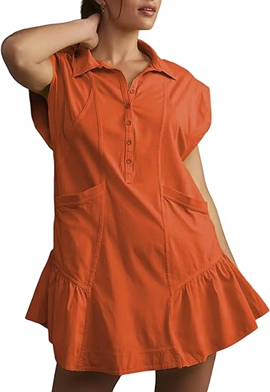 Button Down Mini Shirt Dress with Pockets (Buy 2 Free Shipping)