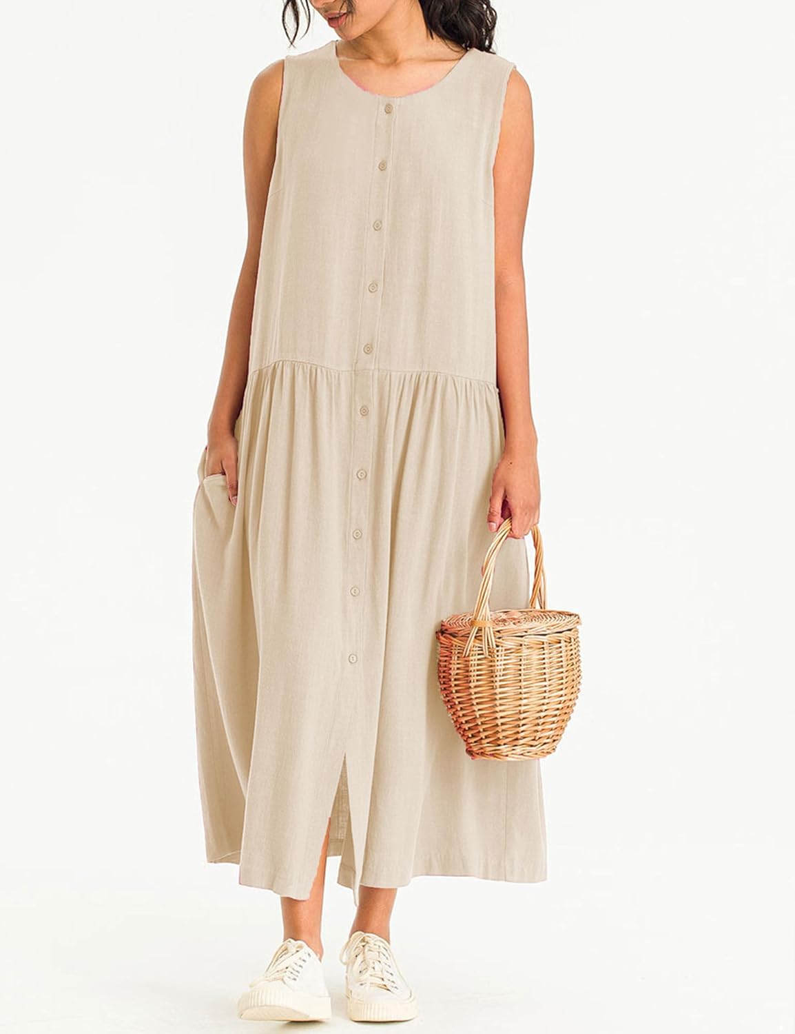 Women's Summer Sleeveless Button Midi Dress with Pockets（Buy 2 Free Shipping）
