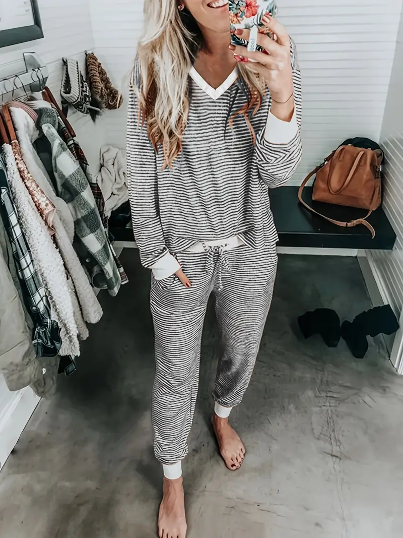 Cozy Soft Stripe V Neck Lounge Pajamas Set (Buy 2 Free Shipping)