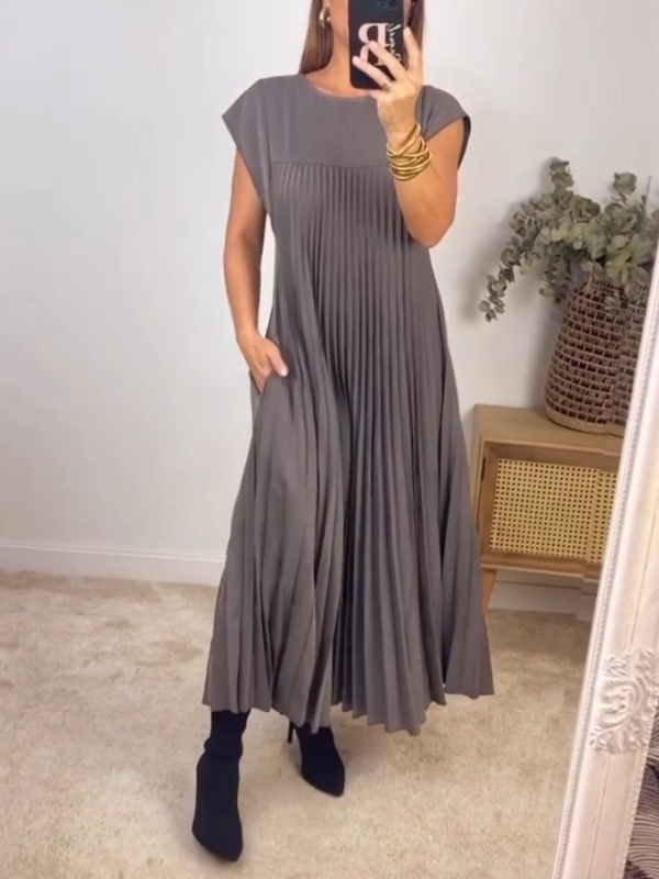 Cap Sleeve Pleated Flowy Swing Maxi Dress (Buy 2 Free Shipping)