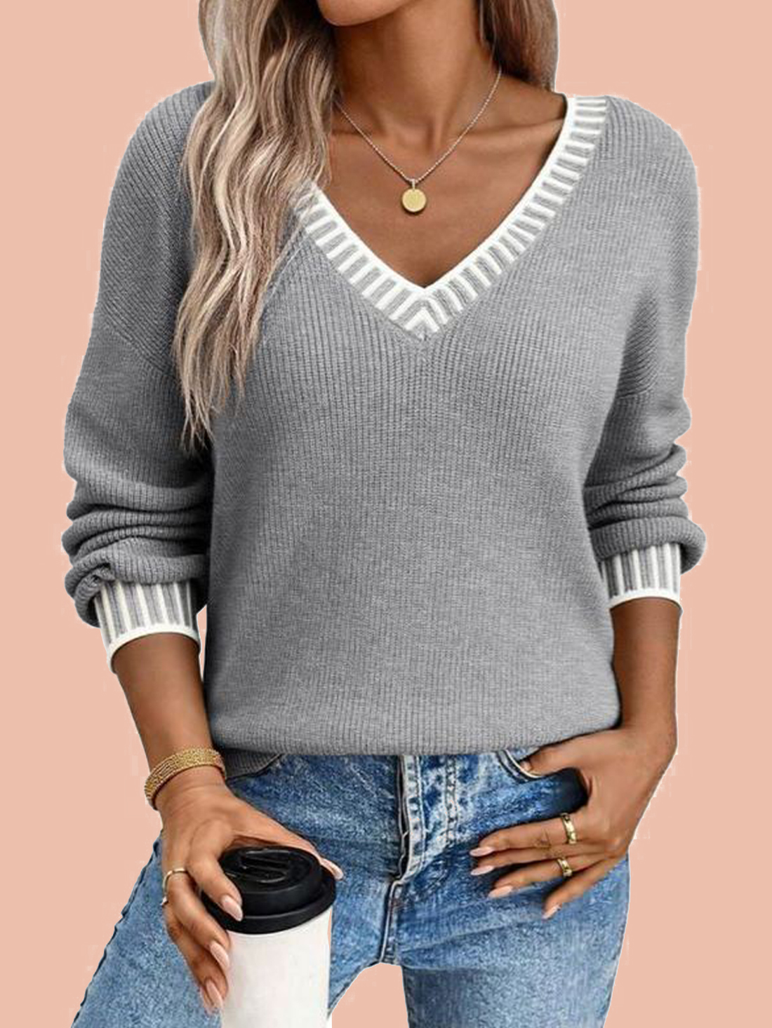 Women's V neck Long Sleeve Pullover Sweaters (Buy 2 Free Shipping)  