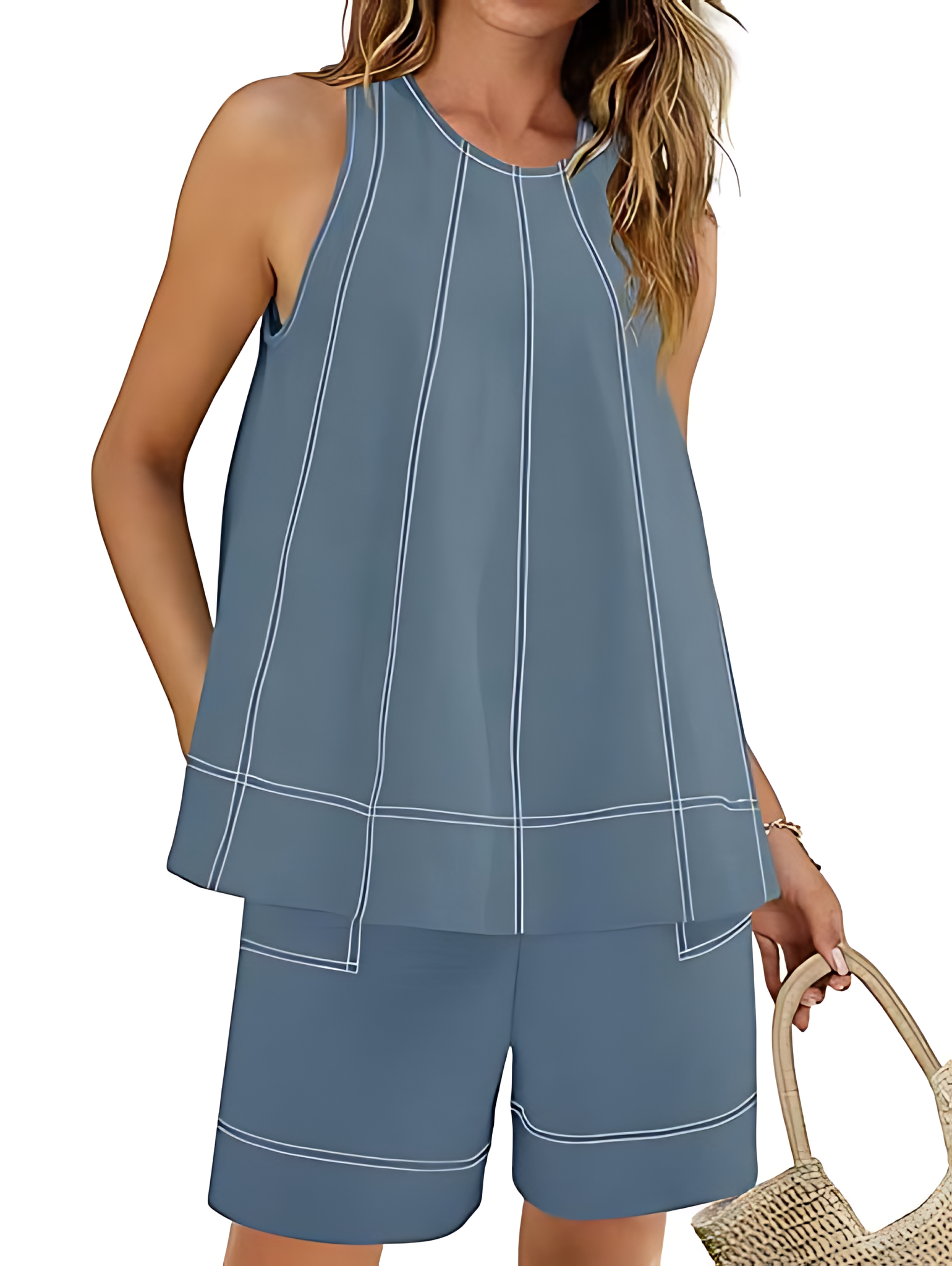 Women's A Line Tank Tops Contrast Stitching High Waist Shorts Sets(Buy 2 Free Shipping)