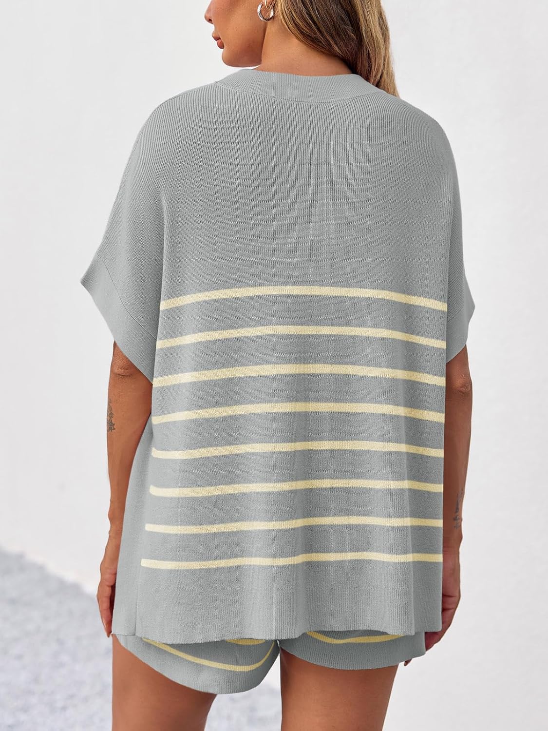 Women's Striped Batwing Short Sleeve Tops High Waisted Shorts Knit Lounge Sets(Buy 2 Free Shipping)