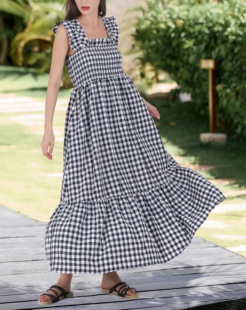 Plaid Ruffle Spaghetti Strap Ruffle Sleeve Dress With Pockets(Buy 2 Free Shipping)