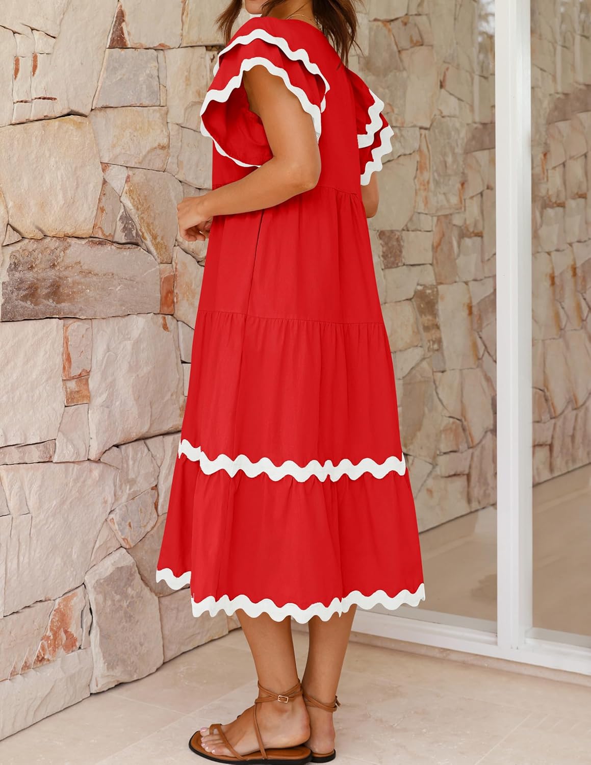 Women's V-neck Ruffle Short Sleeve Layered A-line Maxi Dress(Buy 2 Free Shipping)