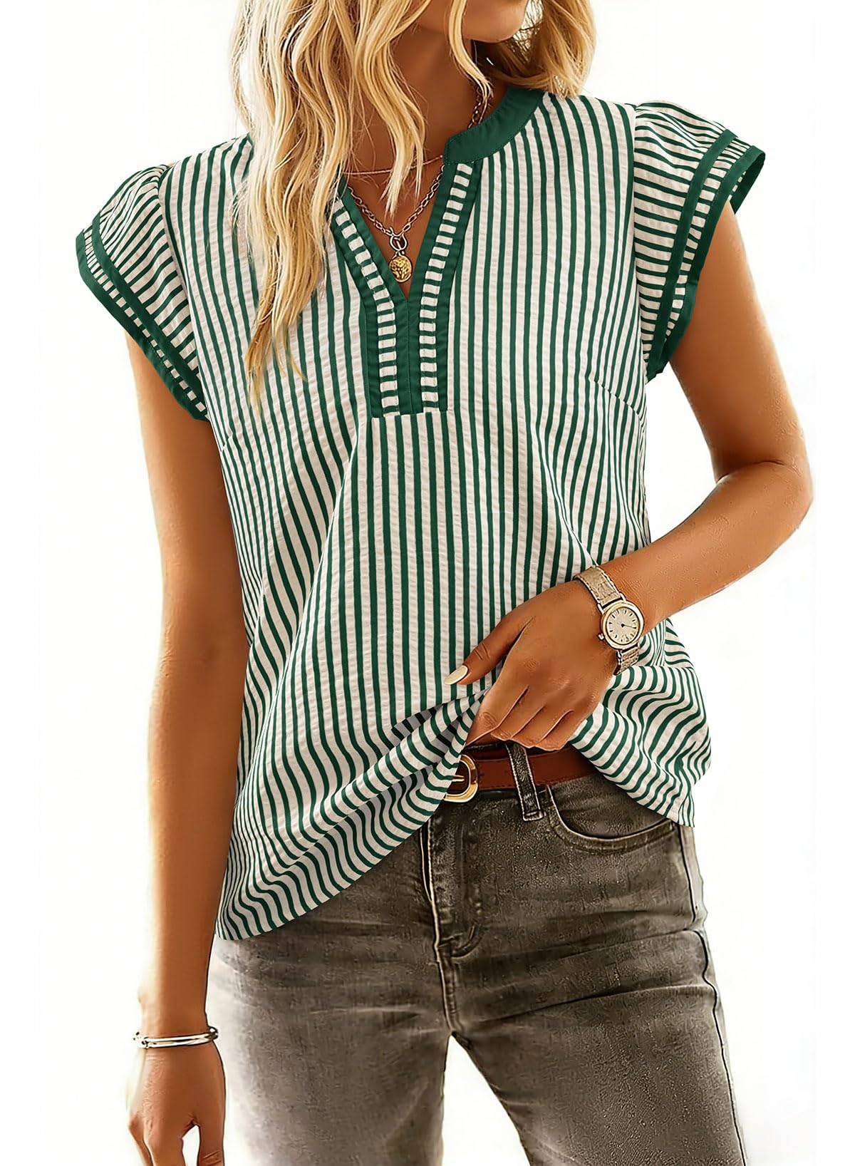 Women's Casual V Neck Cap Sleeve Striped Blouses (Buy 2 Free Shipping)