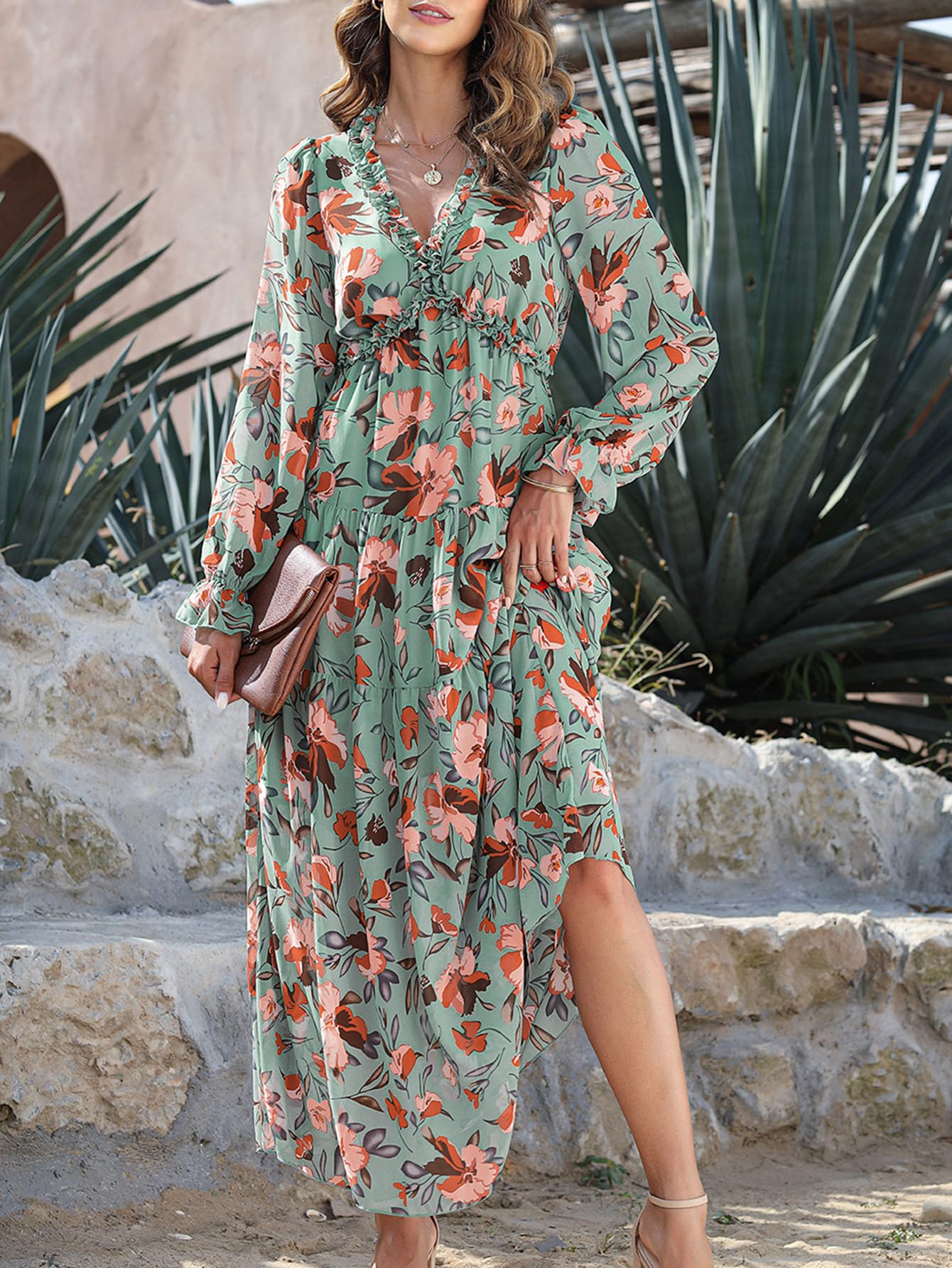 Women's Floral Deep V Neck Long Sleeve Bohemian Dress（Buy 2 Free Shipping)