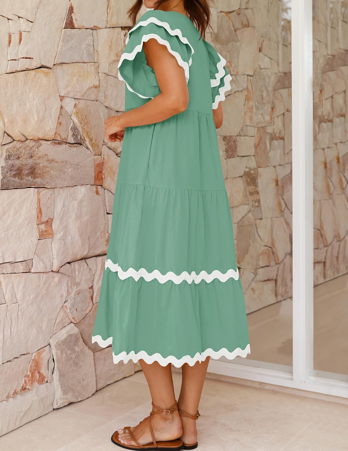 Women's V-neck Ruffle Short Sleeve Layered A-line Maxi Dress(Buy 2 Free Shipping)