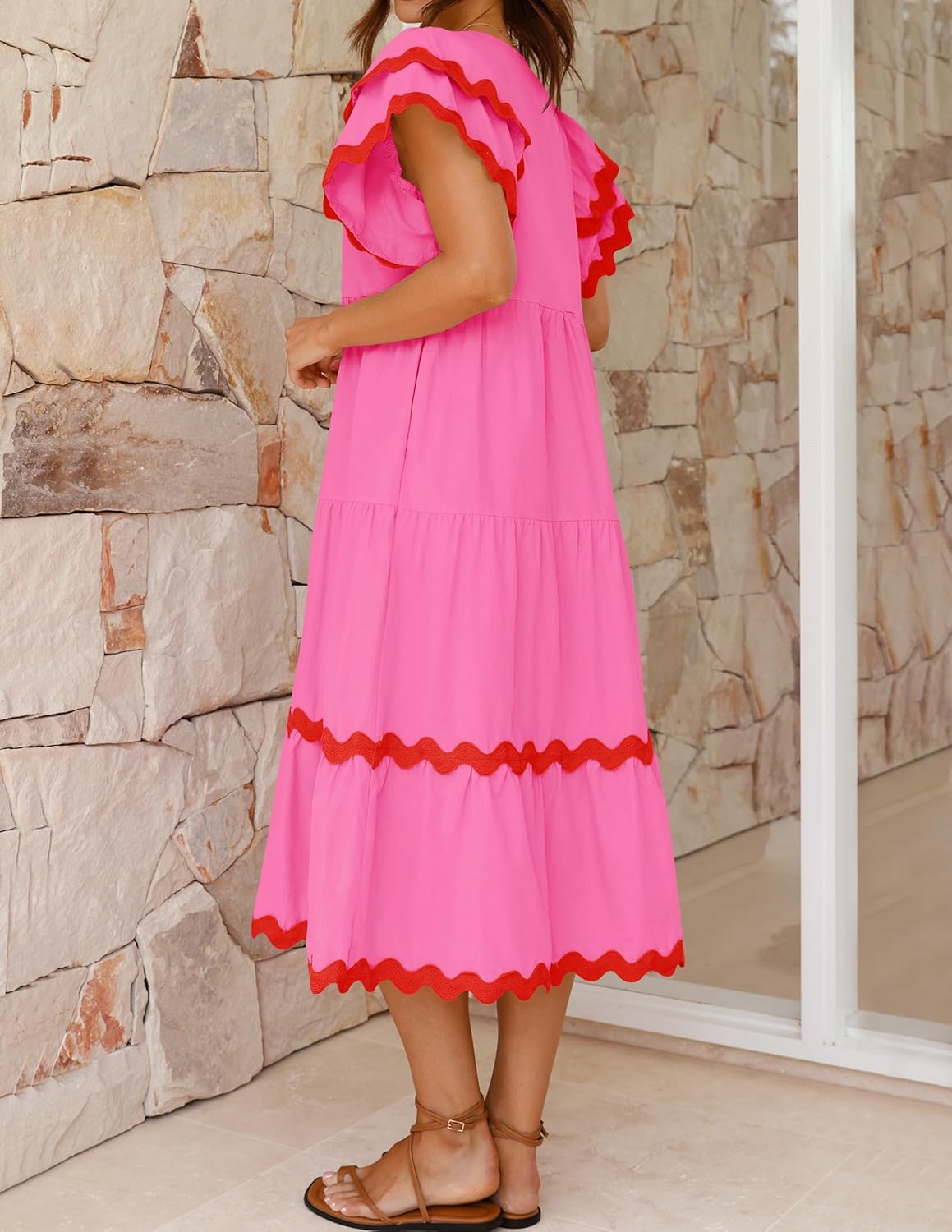 Women's V-neck Ruffle Short Sleeve Layered A-line Maxi Dress(Buy 2 Free Shipping)