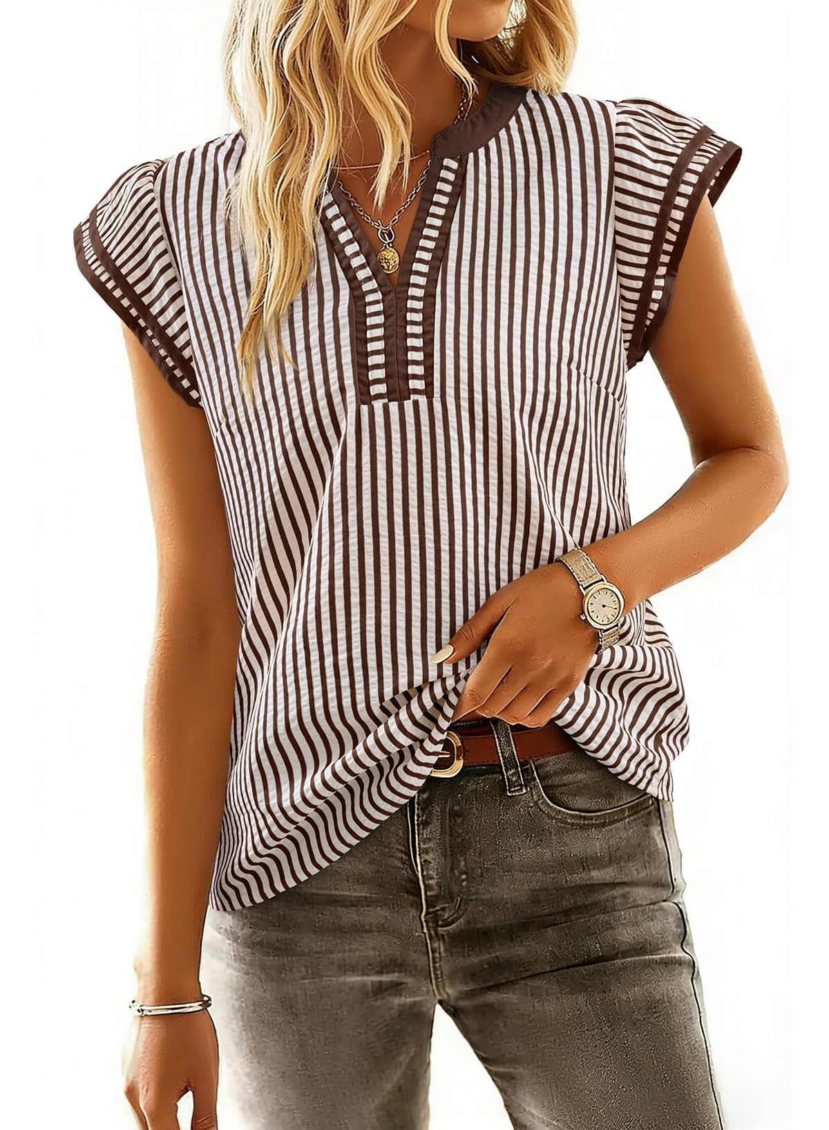 Women's Casual V Neck Cap Sleeve Striped Blouses (Buy 2 Free Shipping)