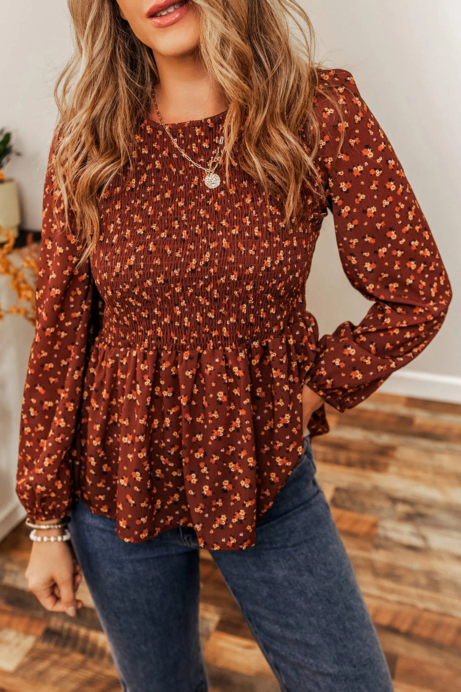 Ditsy Floral Print Boho Smocked Ruffled Peplum Blouse(Buy 2 Free Shipping)