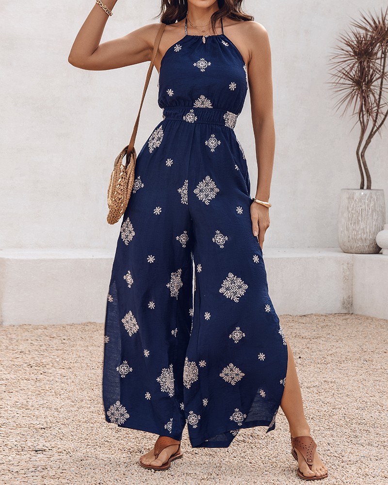 Print Halter Backless Side Slit Shirred Wide Leg Jumpsuit (Buy 2 Free Shipping)