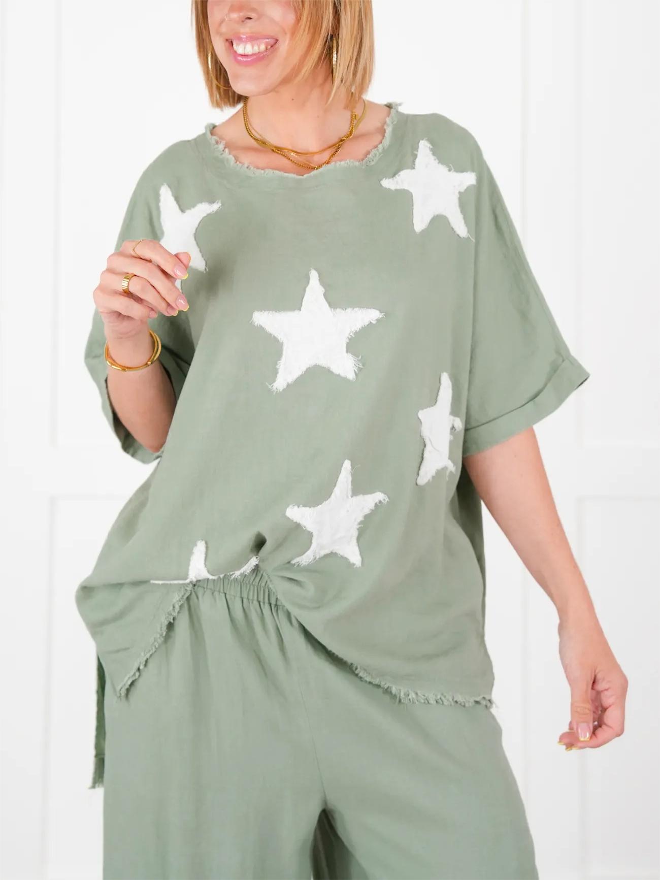 Women's Short Sleeve Top And Wide Leg Pant Set With Star Patch Detail(50% OFF🔥)