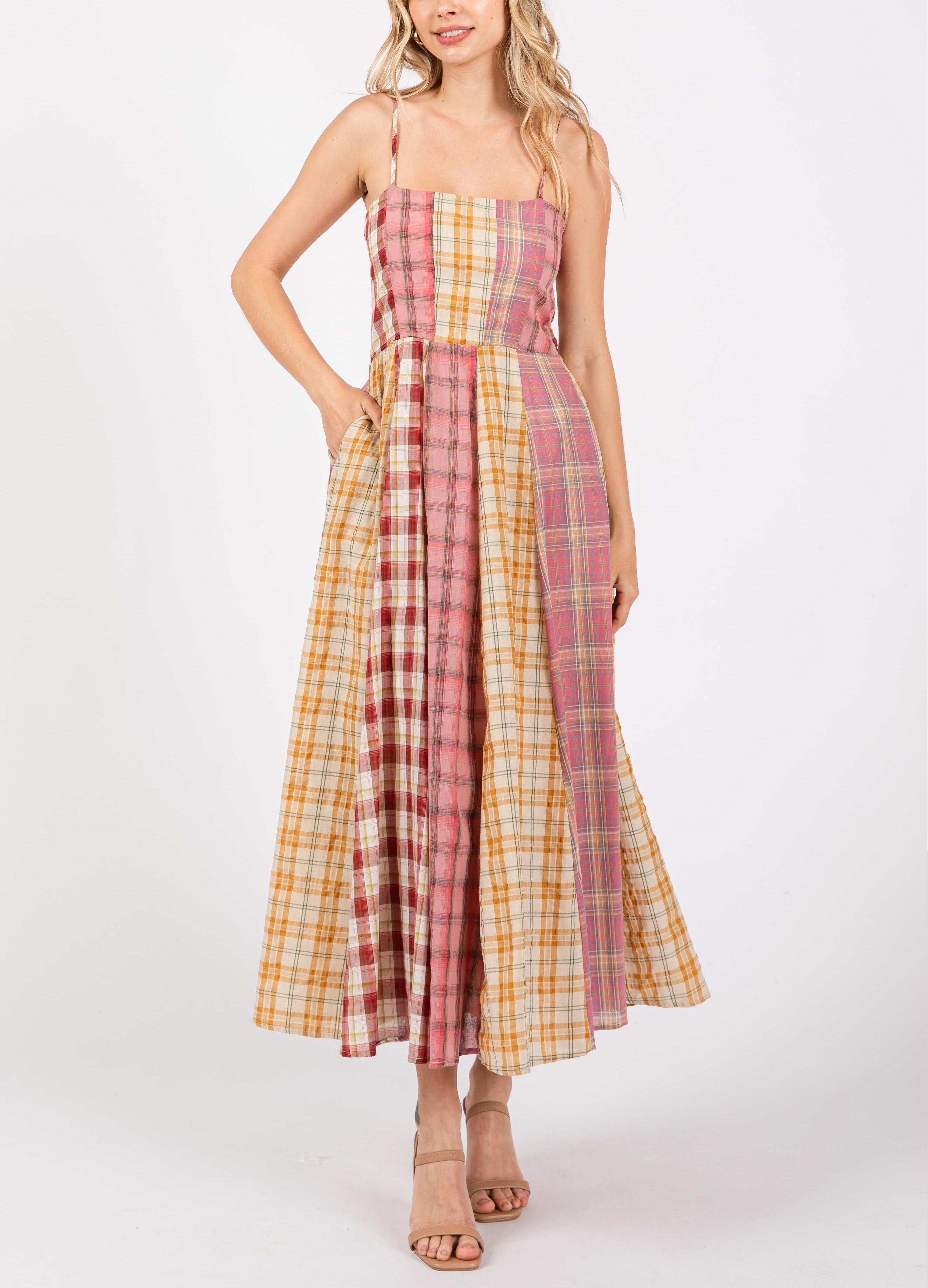 Women's Casual Patchwork Plaid Suspender Maxi Dress(Buy 2 Free Shipping)