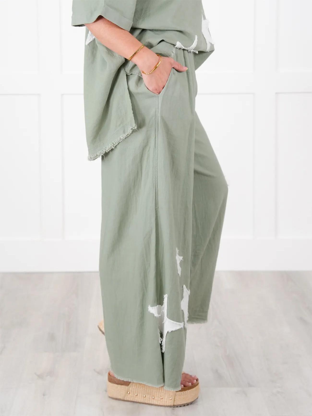 Women's Short Sleeve Top And Wide Leg Pant Set With Star Patch Detail(50% OFF🔥)