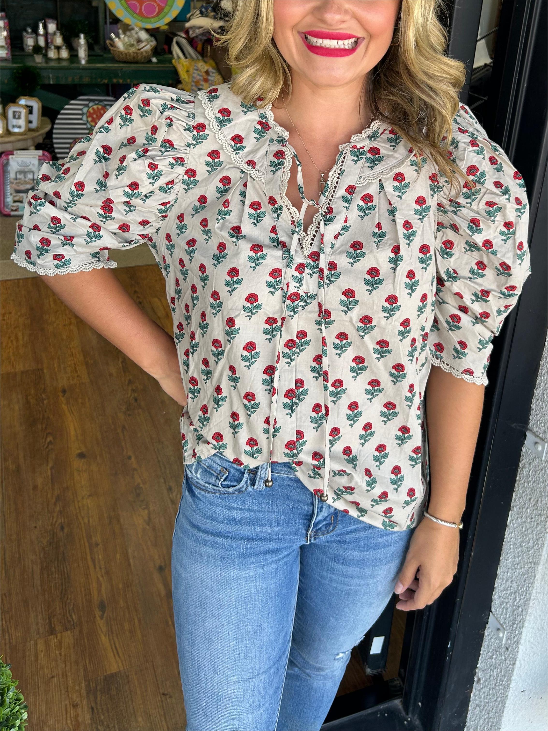 Women's Lace Trim Rose Blouse (Buy 2 Free Shipping)