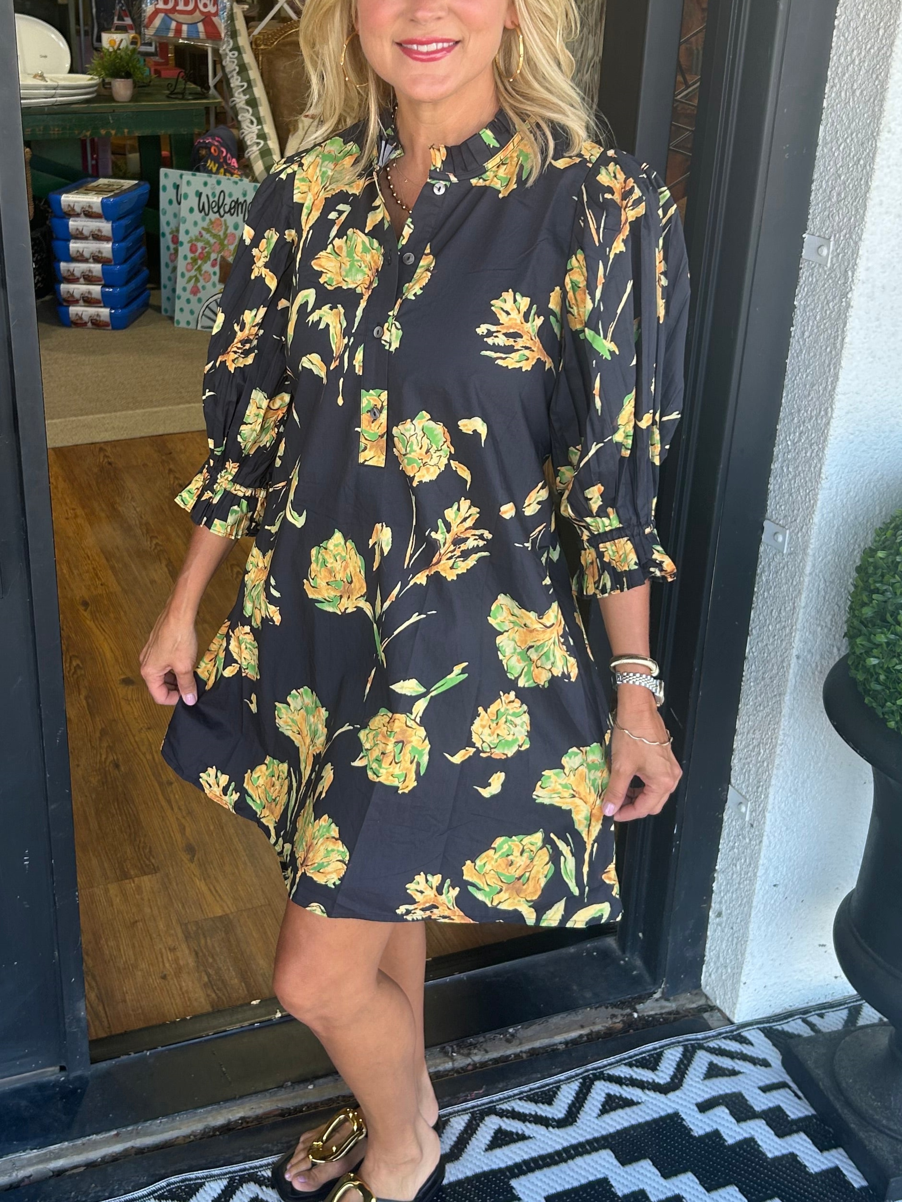  Women's Floral Puff Sleeve Pleated Dress (Buy 2 Free Shipping)