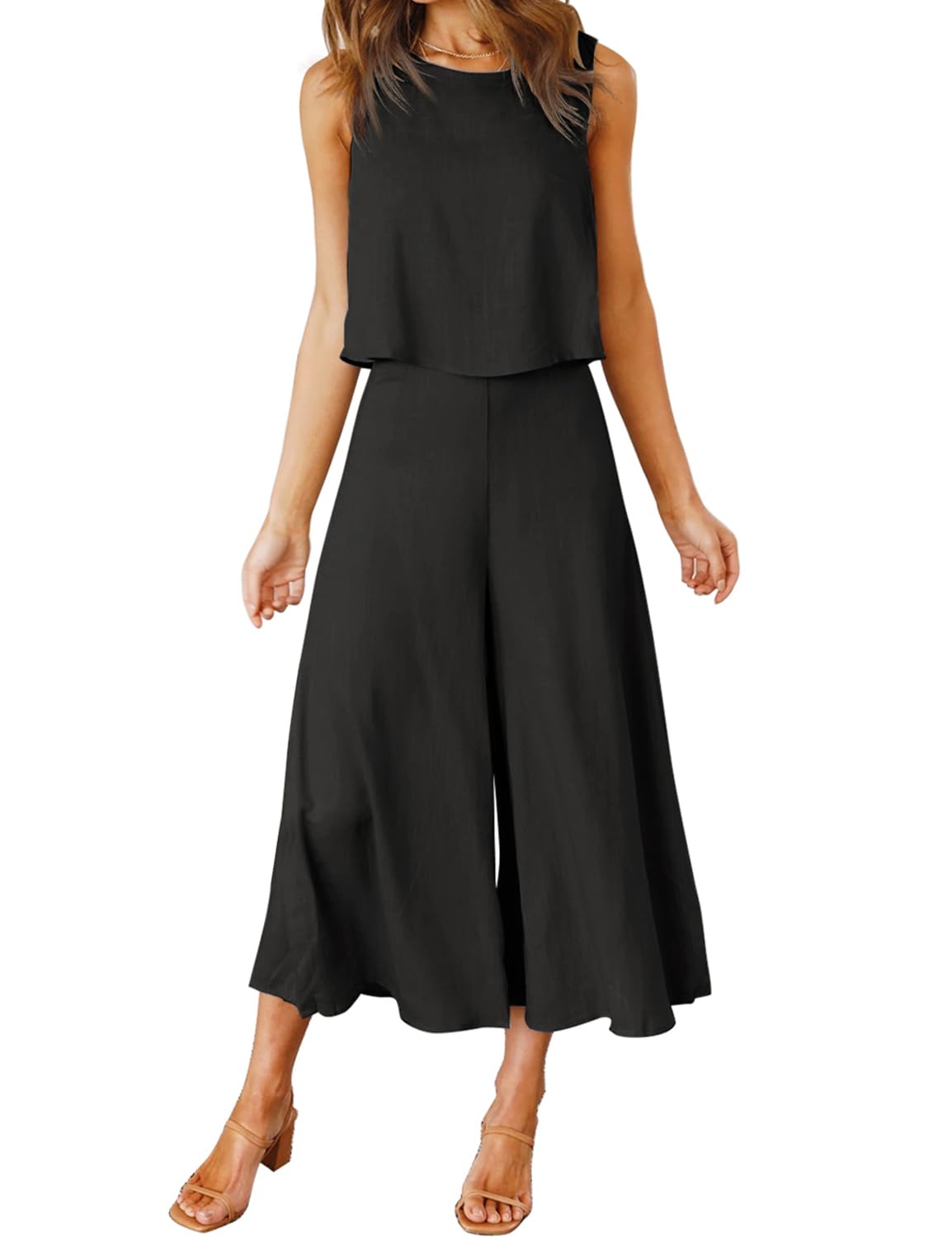 Round Neck Crop Sleeveless Top with Wide Leg Pants (Buy 2 Free Shipping)
