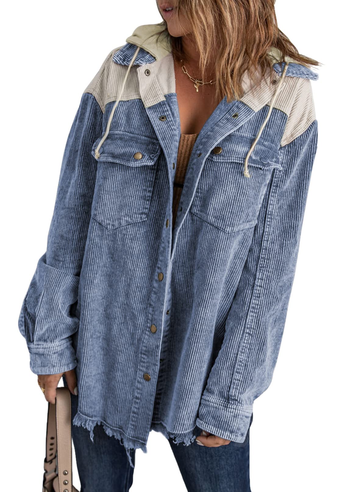 Fall Button Down Color Block Corduroy Hooded Jacket