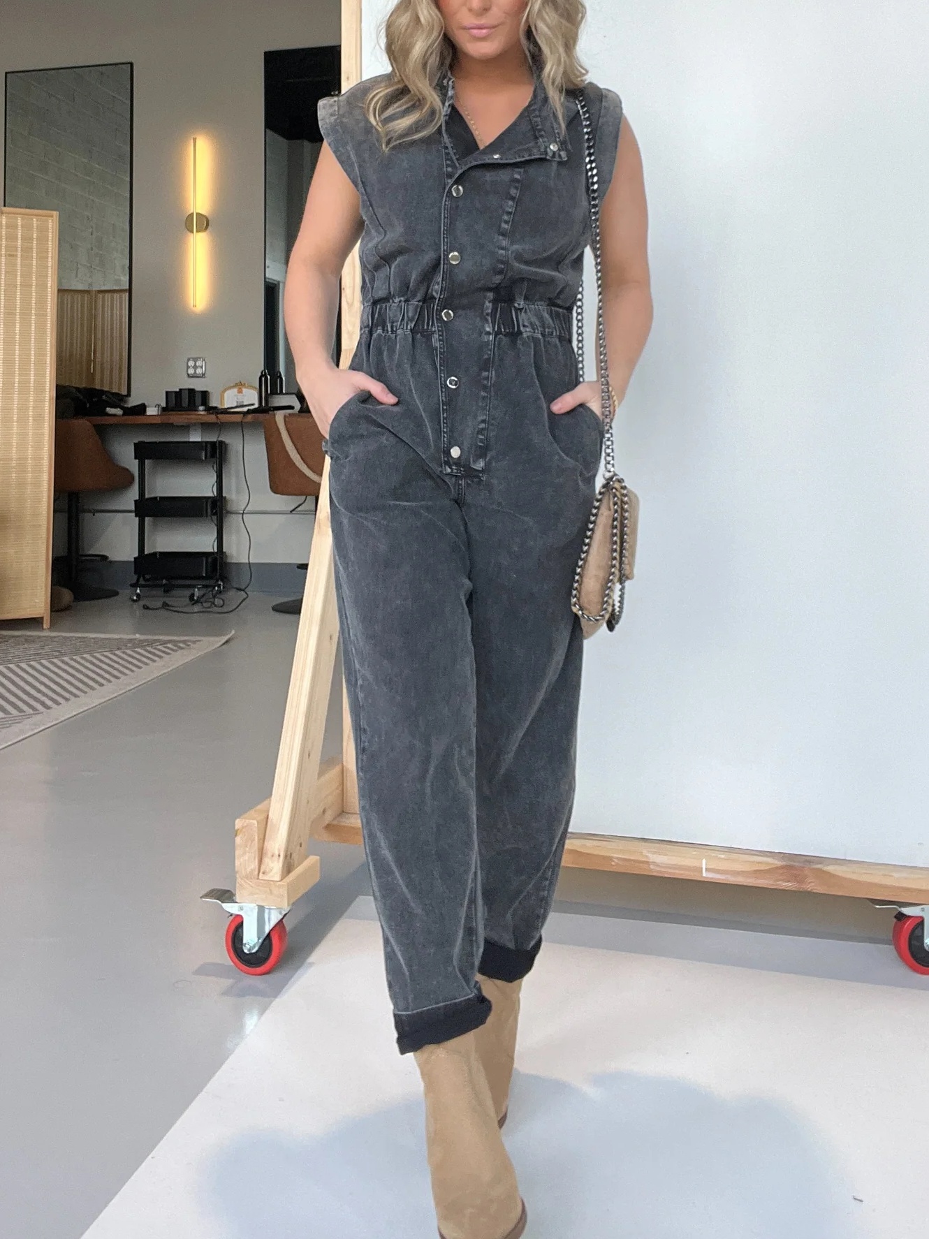 Sleeveless Denim Waisted Lightweight Jumpsuit